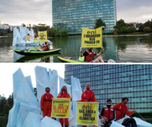 Protesta pacifica di Greenpeace su un iceberg simbolico al quartier generale dell'Eni (Foto di Greenpeace)